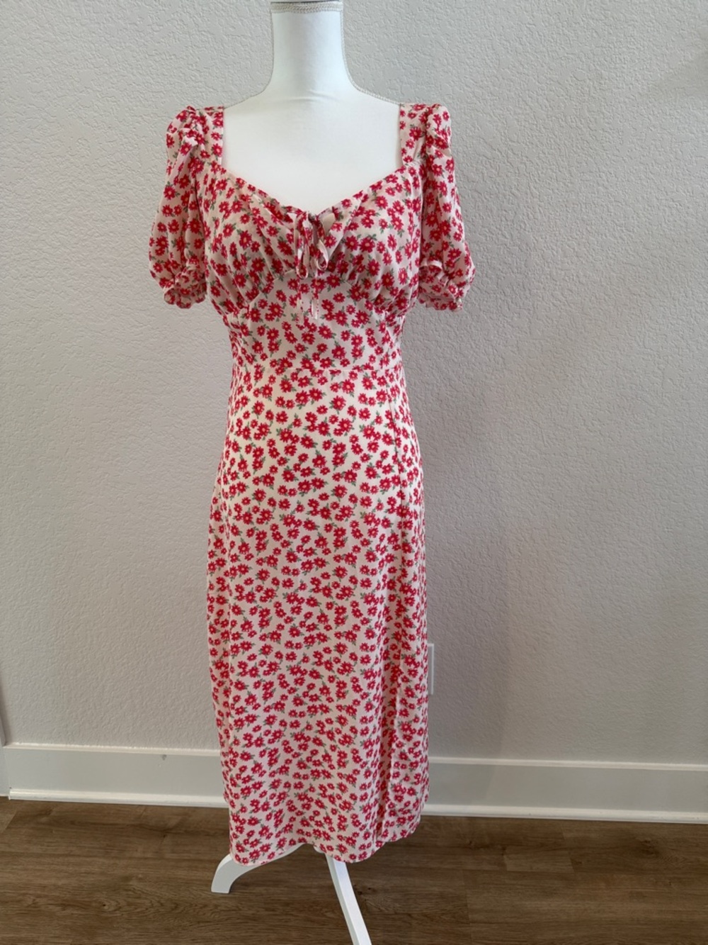 Floral Tie-Front Cottagecore Midi Dress Puff Sleeve Milkmaid